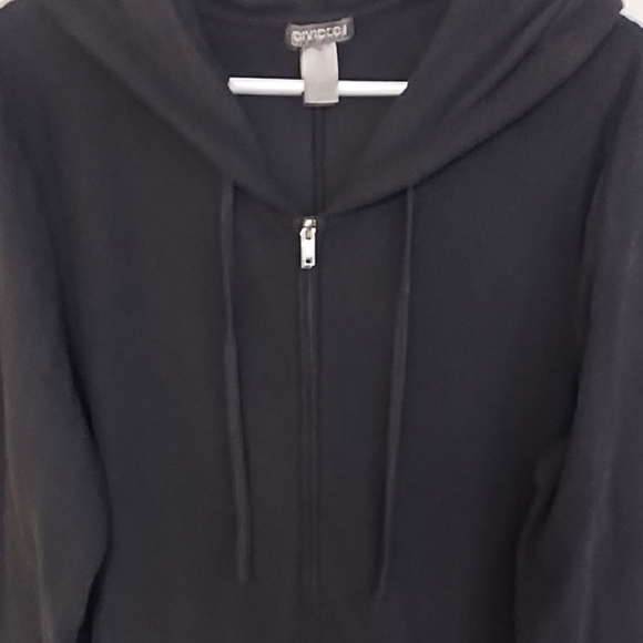 Casual Black Knit Zip Front Pocketed Long Cardigan Hoodie Raw Edged - Picture 13 of 13